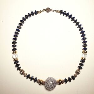 Vintage Lapis Lazuli Beaded Neclace with LG Handblown Glass Center Bead 20" EVC